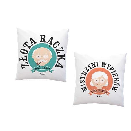 Zestaw poduszek dla Babci i Dziadka z okazji ich święta "Mistrzyni wypieków i Złota rączka".