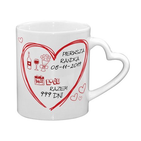 Kubek na Walentynki, uchwyt serce "Pierwsza randka".