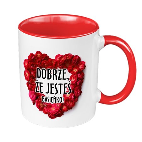 Kubek 330 ml kolorowy na Walentynki  "Dobrze, że jesteś".