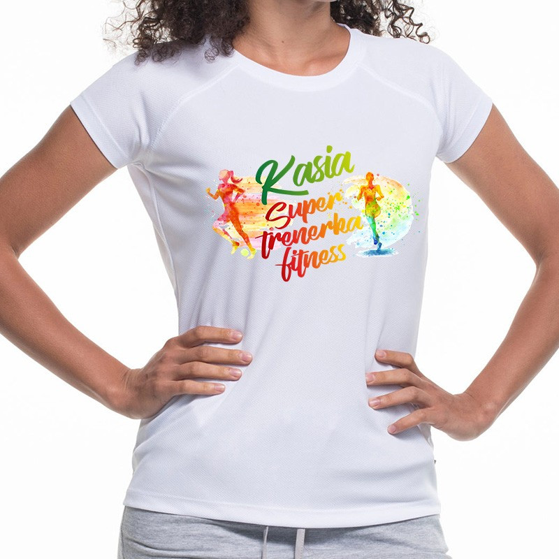 Koszulka sportowa oddychająca z tekstem "Super trenerka fitness" - damska.
