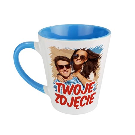 Niebieski kubek latte ze zdjęciem, grafiką lub tekstem Klienta.