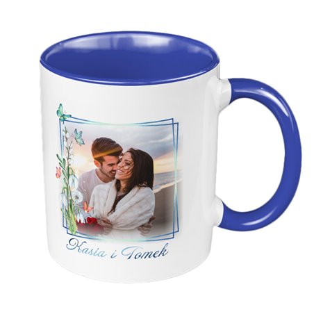 Kubek 330 ml kolorowy z Waszym zdjęciem w ramce oraz imionami- super prezent dla zakochanych.