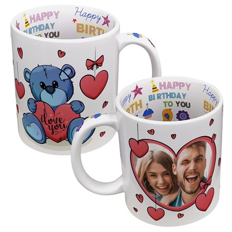 Kubek 330 ml z wnętrzem "Happy Birthday" z grafiką misia oraz zdjęciem- super prezent urodzinowy.