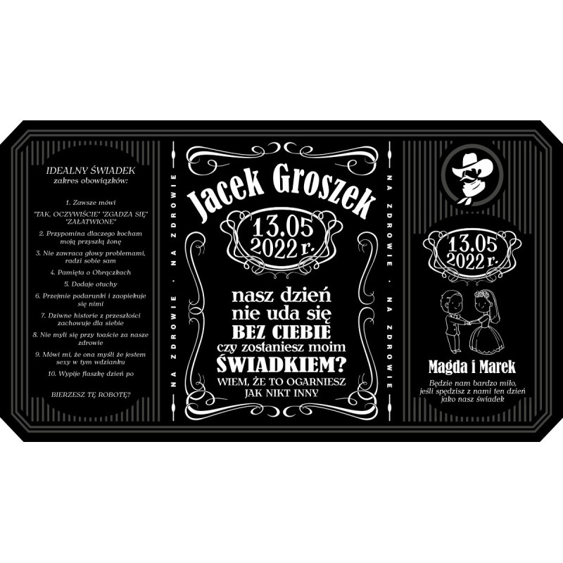 Personalizowana etykieta na alkohol w stylu Jack Daniel's- Prośba o bycie Świadkiem na ślubie.