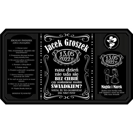 Personalizowana etykieta na alkohol w stylu Jack Daniel's- Prośba o bycie Świadkiem na ślubie.