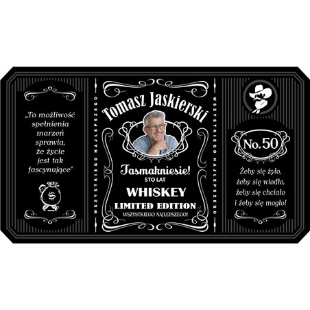 Personalizowana etykieta na alkohol w stylu Jack Daniel's ze zdjęciem solenizanta.