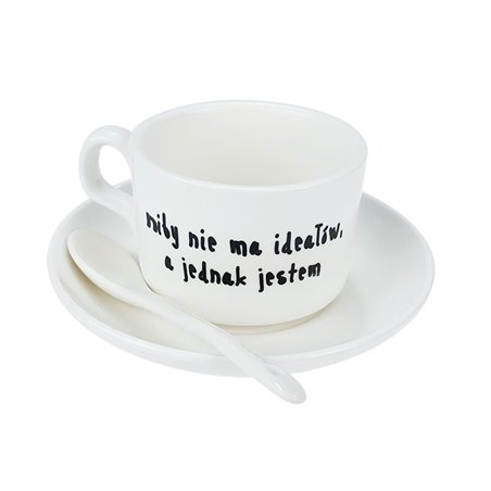 Filiżanka z tekstem "Niby nie ma ideałów a jednak jestem".