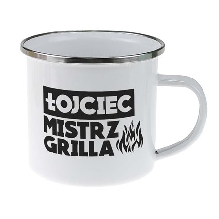 Kubek "Łojciec mistrz grilla" metalowy, emaliowany z imieniem.