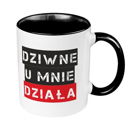 Kubek 330 ml kolorowy z napisem "Dziwne u mnie działa".