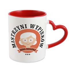 Kubek specjalnie dla babci z napisem i grafiką "Babcia mistrzyni wypieków" - uchwyt serce.