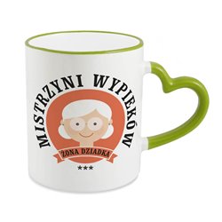 Kubek specjalnie dla babci z napisem i grafiką "Babcia mistrzyni wypieków" - uchwyt serce. 2