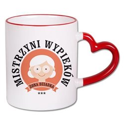 Kubek specjalnie dla babci z napisem i grafiką "Babcia mistrzyni wypieków" - uchwyt serce. 2
