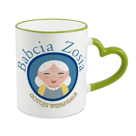 Kubek specjalnie dla babci z napisem i grafiką "Babcia gotuje wspaniale" - uchwyt serce.