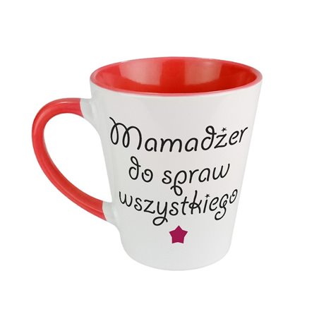 Kubek latte z tekstem "Mamadżer do spraw wszystkiego".