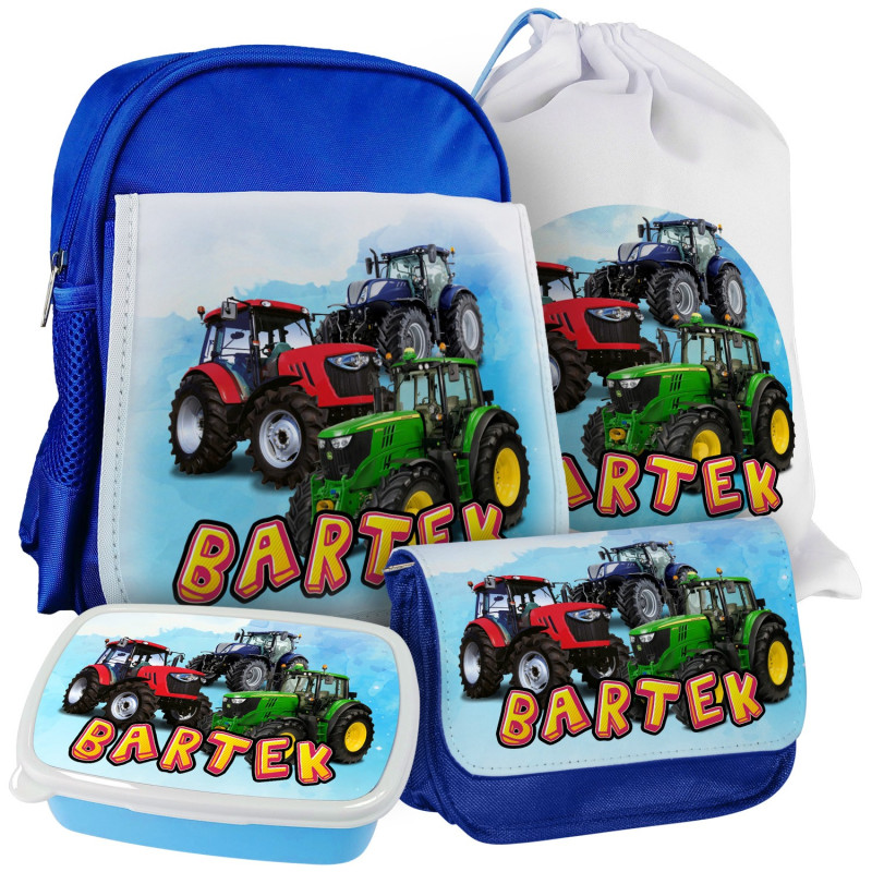 Zestaw szkolny z grafiką "Traktory" - plecak, worek, piórnik, śniadaniówka- wszystko co potrzebne do szkoły.