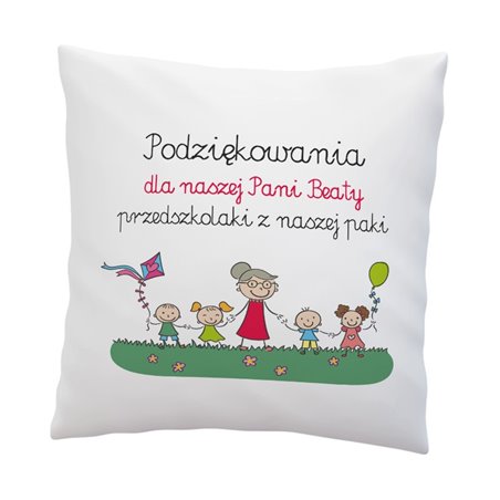Pluszowa poduszka z napisem "Dla naszej Pani przedszkolaki z naszej paki".