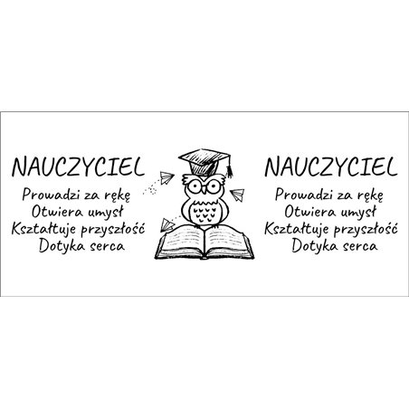 Kubek latte dla nauczyciela z napisem " Nauczyciel- prowadzi za rękę, otwiera umysł, kształtuje przyszłość, dotyka serca".