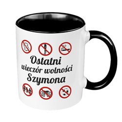 Kubek 330 ml kolorowy z grafiką na wieczór kawalerski - "Ostatni wieczór wolności" z imieniem.