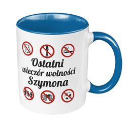 Kubek 330 ml kolorowy z grafiką na wieczór kawalerski - "Ostatni wieczór wolności" z imieniem. 2