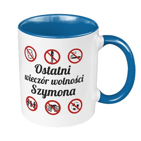 Kubek 330 ml kolorowy z grafiką na wieczór kawalerski - "Ostatni wieczór wolności" z imieniem.