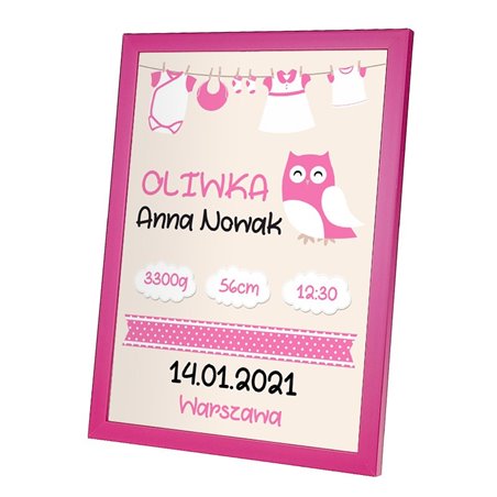 Personalizowana metryczka z okazji narodzin dziewczynki - wzór sowa.