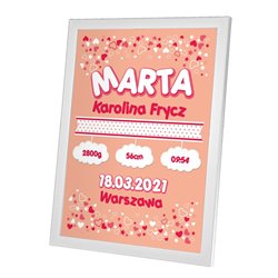 Personalizowana metryczka z okazji narodzin córeczki - wzór serduszka.
