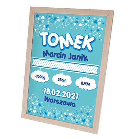 Personalizowana metryczka z okazji narodzin synka - wzór niebieski.