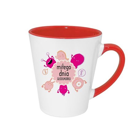 Śmieszny kubek latte z napisem "Miłego dnia głodomorku".