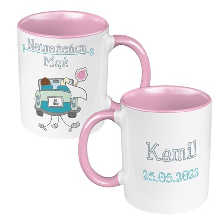 Zestaw kubków 330 kolorowe ml w pudełku - dla nowożeńców "Mąż żona" - personalizacja.