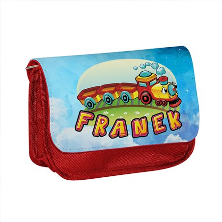 Piórnik personalizowany z imieniem dziecka i grafiką pociągu.
