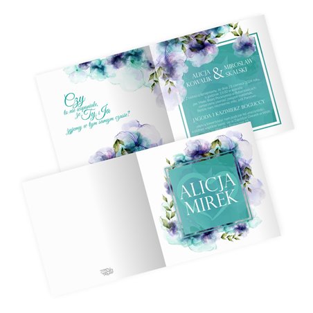 Zaproszenie ślubne piwonie turkusowo-fioletowe.