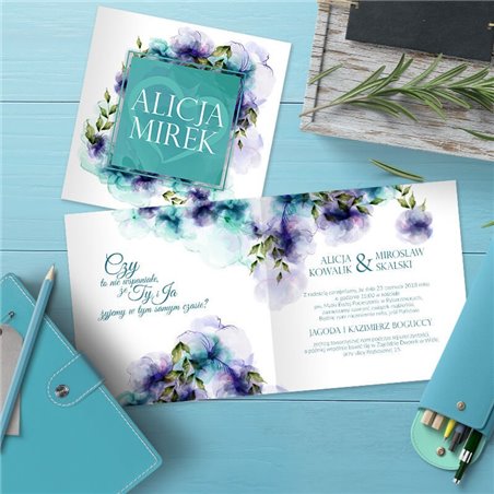 Zaproszenie ślubne piwonie turkusowo-fioletowe.