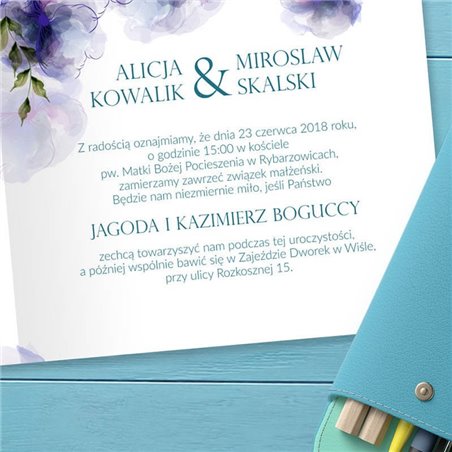 Zaproszenie ślubne piwonie turkusowo-fioletowe.