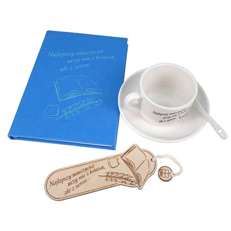 Zestaw notes, zakładka i filiżanka dla nauczyciela z pięknym mottem.