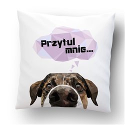 Śmieszna poduszka z geometrycznym psem i napisem