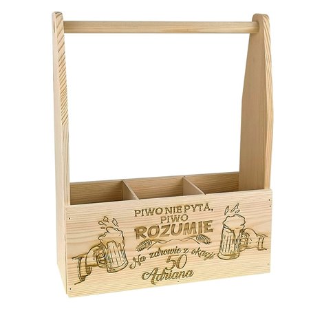 Nosidło drewniane na 3 piwa, kwiaty, narzędzia z grawerem - Piwo nie pyta, piwo rozumie.