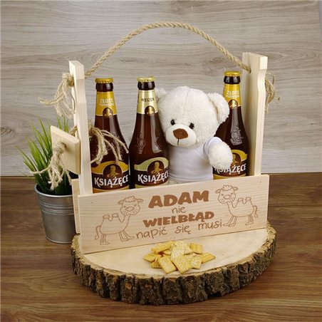 Nosidło drewniane na piwo, kwiaty, narzędzia z grawerem - Adam nie wielbłąd napić się musi.