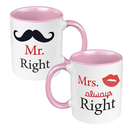 Zestaw Kubków 330 ml białe dla pary "Mr. Right & Mrs. always Right".