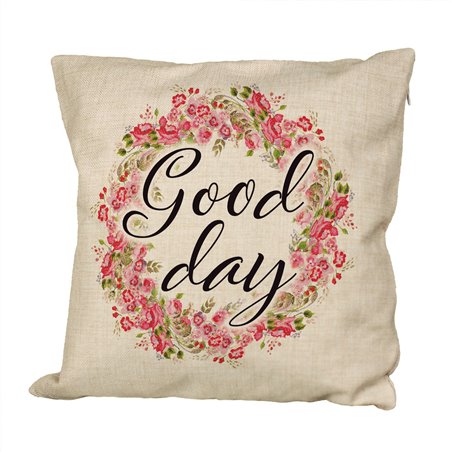 Poduszka lniana (imitująca len) z nadrukiem Good day- różne wzory.