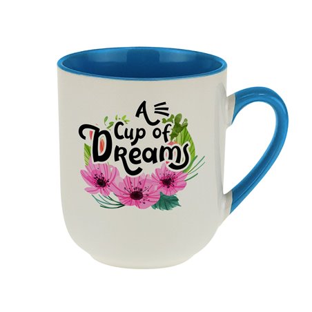 Kubek kawowy z serii kwiatowej z piękną sentencją - A cup of dreams.
