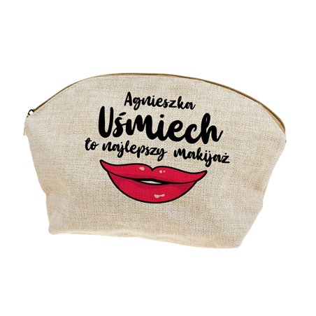 Super kosmetyczka z imitacji lnu z imieniem - Uśmiech to najlepszy makijaż.