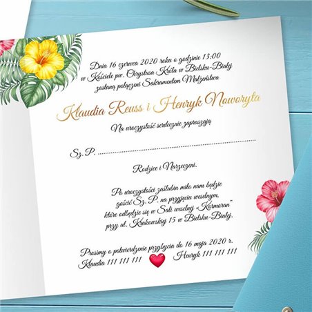 Zaproszenie ślubne - motyw kwiaty hawajskie - styl boho.