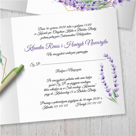 Zaproszenie ślubne rustykalne, geometryczne - lawenda.