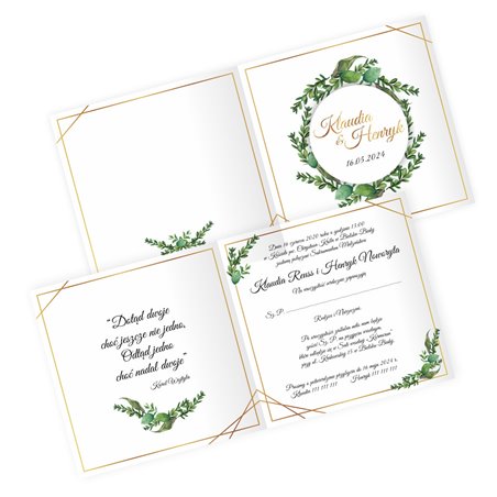 Zaproszenie ślubne rustykalne, geometryczne - eukaliptus, zielone liście.