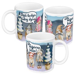 Kubek 330 ml kolorowy na miły początek dnia z napisem - Dziś będzie dobry dzień, ale najpierw kawa.