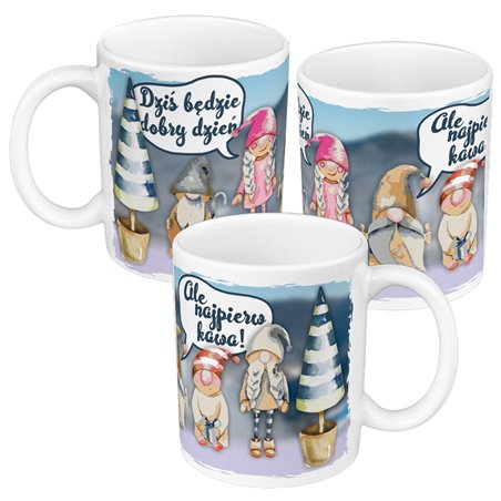 Kubek 330 ml kolorowy na miły początek dnia z napisem - Dziś będzie dobry dzień, ale najpierw kawa.