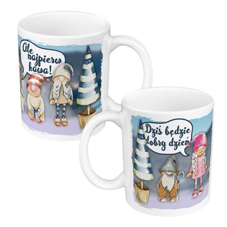 Kubek 330 ml kolorowy na miły początek dnia z napisem - Dziś będzie dobry dzień, ale najpierw kawa.