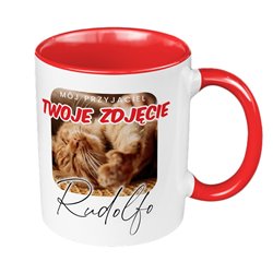 Kubek 330 ml kolorowy z tekstem "Mój przyjaciel kot"- ze zdjęciem i imieniem zwierzęcia.