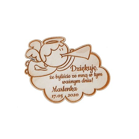 Drewniane magnesy na lodówkę - podziękowania dla gości - chrzest, komunia - chmurka z aniołkiem.