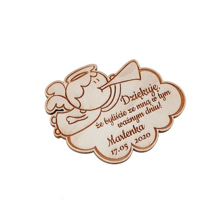 Drewniane magnesy na lodówkę - podziękowania dla gości - chrzest, komunia - chmurka z aniołkiem.